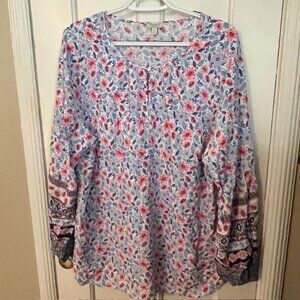 TALBOTS LONG-SLEEVE TUNIC TOP, FLORAL ON WHITE, 2X; NEVER WORN